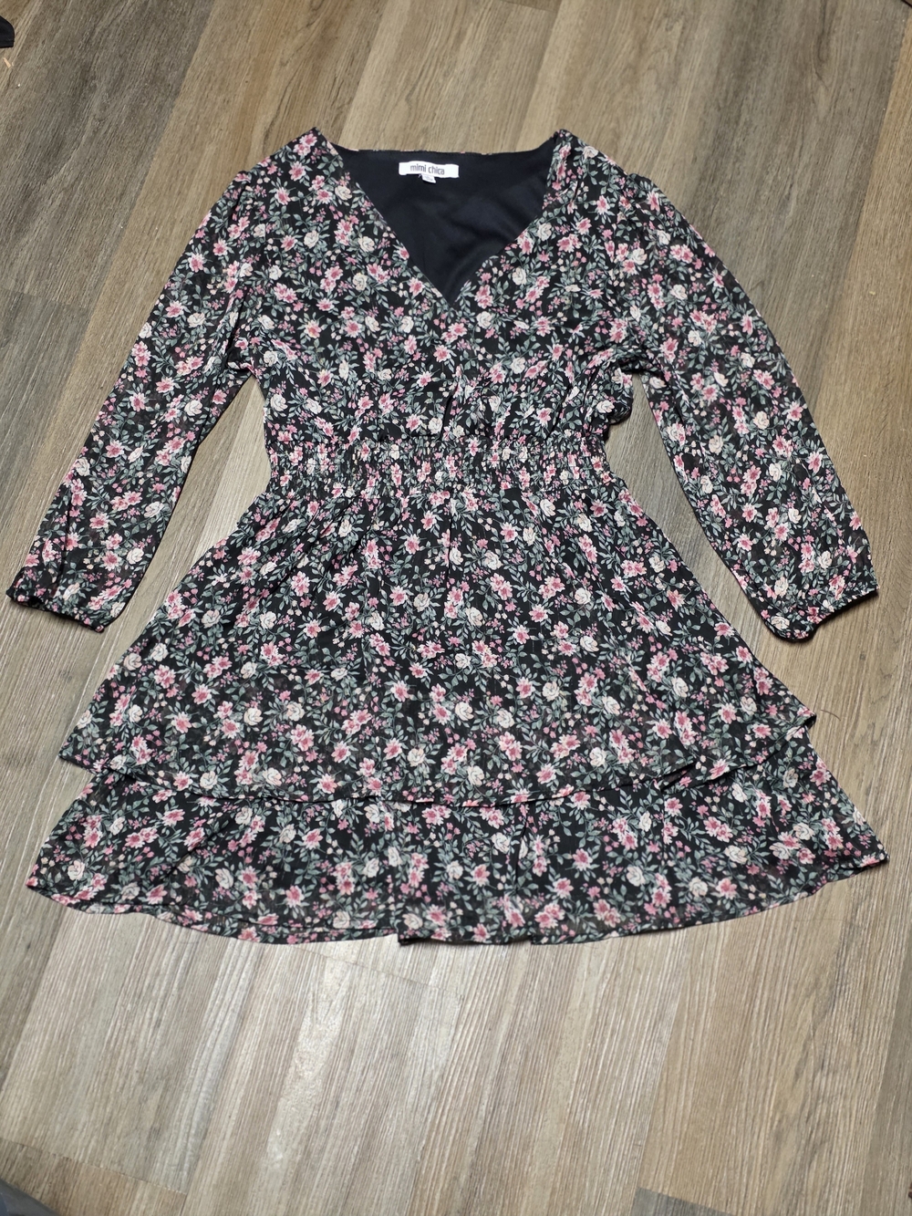 Mimi Chica Black Dress with Pink Floral Print and Tiered Skirt